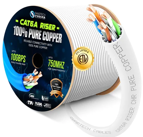 Smartech Cables | Cable Ethernet CMR CAT6a de 1000 pies | Listado ETL 100% cobre puro | 10Gbps 23AWG 4UTP pares 750MHz PoE++ | Alta velocidad para