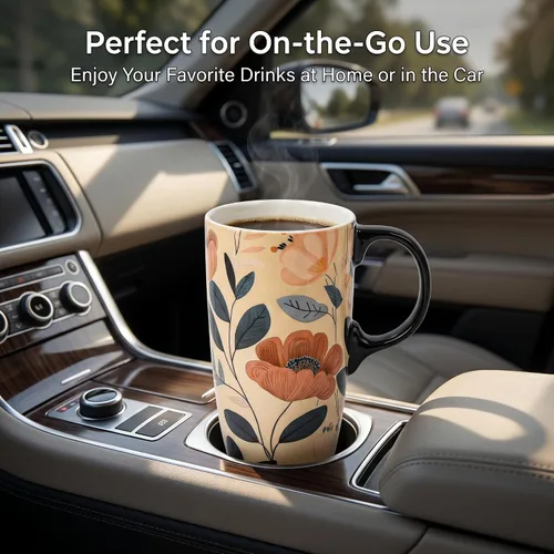 Miniatura 8 de Taza de café de viaje de cerámica con tapa para el hogar y la oficina, taza de té alta de porcelana de 17 onzas con mango de arte floral en caja
