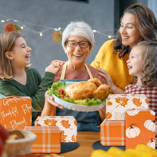 Miniatura 7 de Whaline 12 hojas de papel de regalo de otoño, hojas de otoño, calabaza, cuadros, papel de regalo de 4 estilos, color naranja y blanco, papel