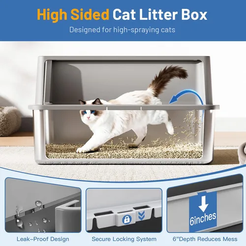 Miniatura 2 de Jotesnew Paquete de 2 Cajas de Arena para Gatos de Acero Inoxidable XL con Tapa y Lados Altos, 24" L x 16" A x 12" Al Cajas de Arena de Metal Extra