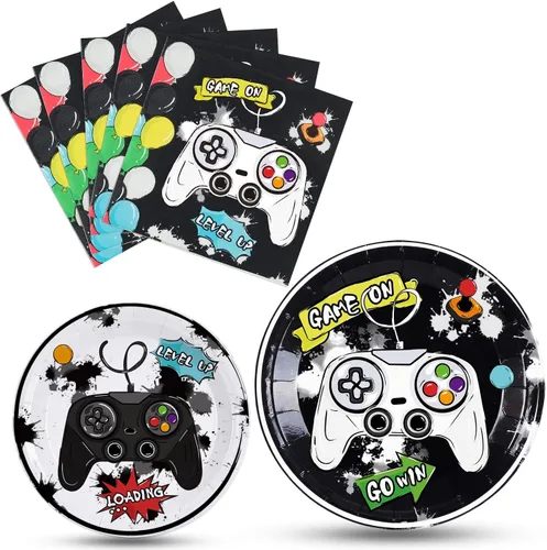 WERNNSAI Decoraciones de cumpleaños de juegos: 48 platos y servilletas de cumpleaños para jugadores, decoraciones de fiesta de videojuegos, platos