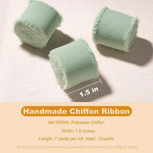 Miniatura 3 de Cinta de gasa, 3 rollos de 21 yardas, color verde salvia, hecha a mano, con flecos, de seda, de 1.5 pulgadas x 7 yardas, juego de cintas