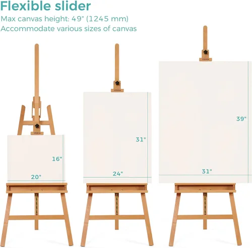 Miniatura 3 de VISWIN Caballete inclinable con marco en A para pintar y exhibir, ajustable de 65 a 89 pulgadas de alto, soporta lienzo de hasta 49 pulgadas, Natural