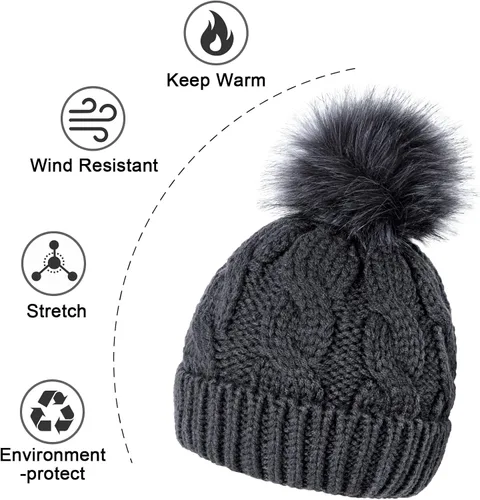 Miniatura 4 de YSense Wear 2 Pack Toddler Kids Winter Warm Fleece Lined Beanie Hats for Boys and Girls Crochet Hairball Knit Cap 1-6 Years