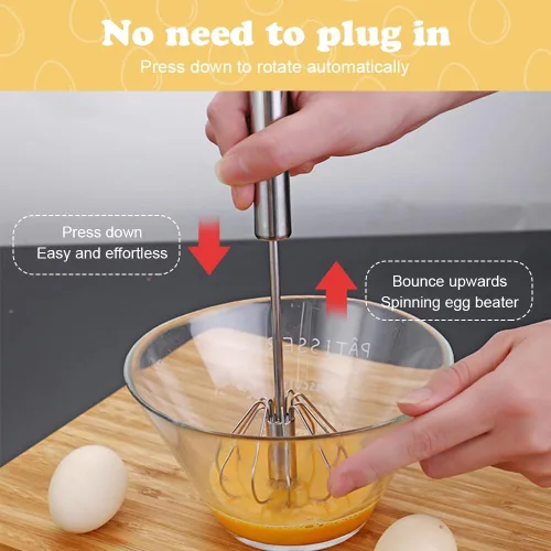 Miniatura 4 de Nuevo Batidor de Huevos Semiautomático de Acero Inoxidable 2025, Mezclador Agitador de Empuje Manual, Batidora Giratoria Multifuncional Rotativa