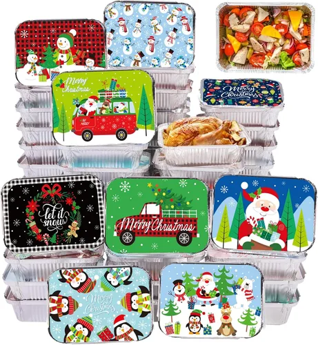 Miniatura 2 de 50 recipientes de aluminio para galletas de Navidad, con tapas, desechables con cubiertas de cartón con temática navideña, moldes para hornear