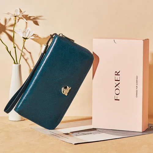Miniatura 8 de FOXLOVER Carteras de cuero para mujer con bloqueo RFID pequeño y compacto tarjetero de crédito con bolsillo con cremallera Azul Classic