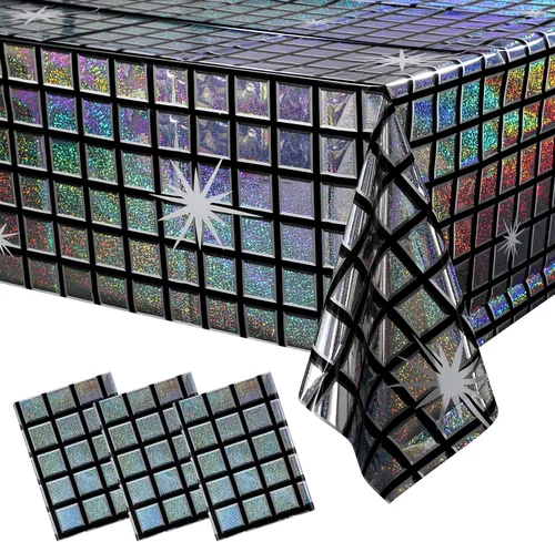 Miniatura 8 de Paquete de 8 manteles de plástico iridiscente brillantes desechables láser rectangulares, cubiertas de mesa de papel holográfico iridiscente, Rosa