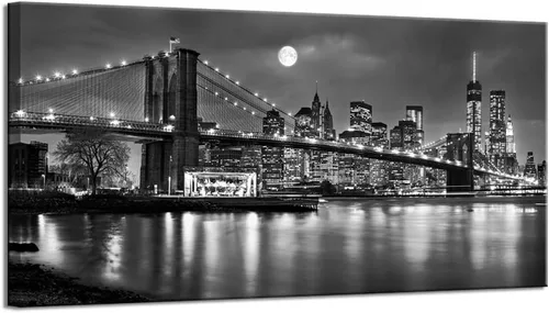 LevvArts - Lienzo de Nueva York en blanco y negro con imagen del puente de Brooklyn, arte de pared, noche de luna llena, póster de la ciudad de