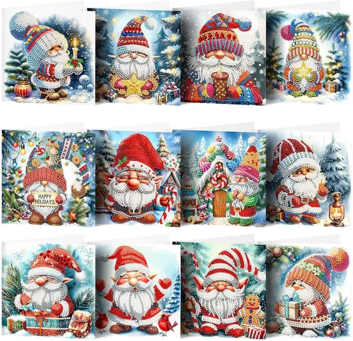 Miniatura 21 de LUSandy Paquete de 12 tarjetas de Navidad con pintura de diamante 5D para adultos, tarjetas de felicitación de arte con diamantes para gatos