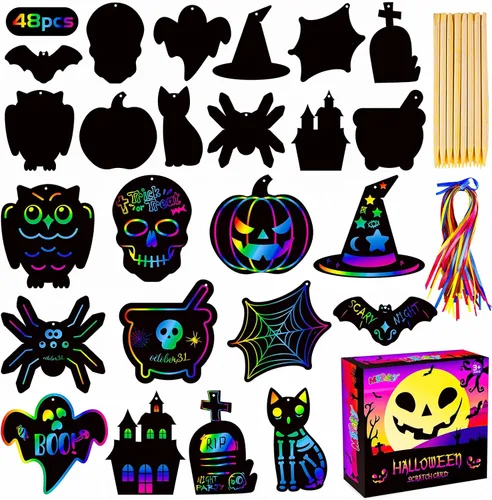 MGparty Juego de 48 tarjetas de papel para rascar para niños, juego de 48 tarjetas de rascar mágicas de arco iris para niños, manualidades,