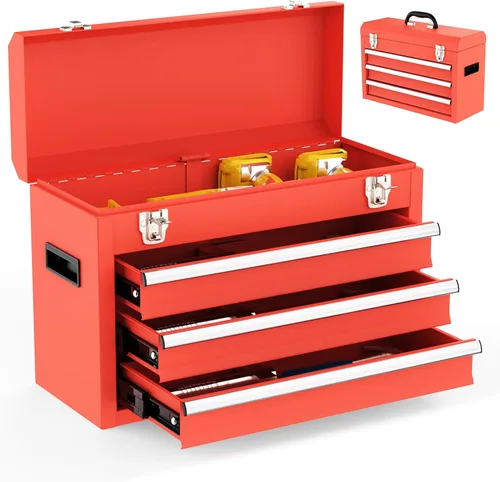 Miniatura 8 de Caja de herramientas portátil de metal con 3 cajones, caja de herramientas metálica portátil con forros EVC y cierres de pestillo, cofre