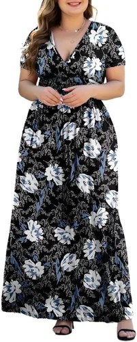 Miniatura 5 de HAOMEILI Women's L-5XL Short Sleeve Maxi Dresse V-Neck Plus Size Casual Dresses with Pockets
