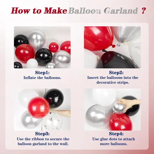 Miniatura 3 de Kit de arco de guirnalda de globos rojo, blanco y negro, decoraciones de fiesta rojas y negras con globos plateados blancos y confeti de látex