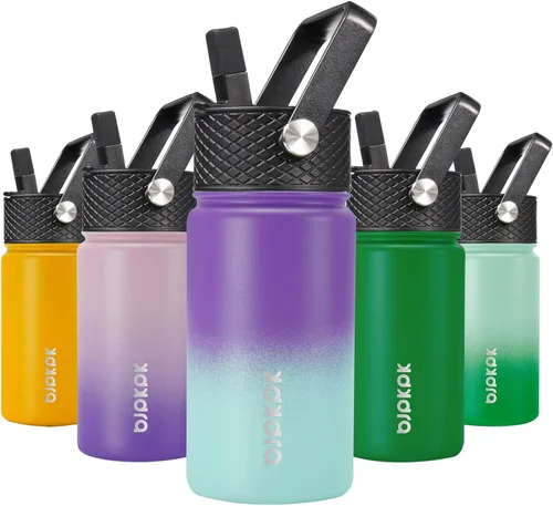 Miniatura 77 de BJPKPK Botella de agua aislada con tapa con pajilla, bonitas botellas de agua de 15 onzas, termo de metal de acero inoxidable, vasos reutilizables