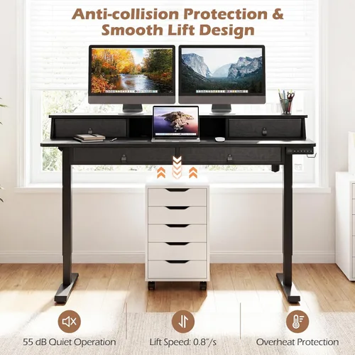 Miniatura 6 de Tangkula 55-Inch Electric Standing Desk with 4 Storage Drawers & Monitor Stand, Height Adjustable Stand Up Desk with 3 Memory Heights & Hook