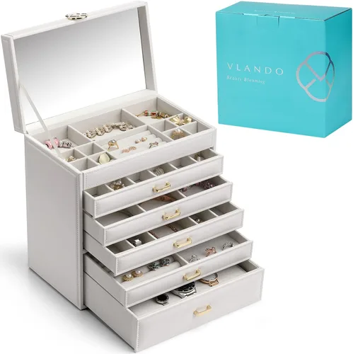 Vlando Enormes cajas de joyería de 6 niveles para regalo de Navidad, día de Acción de Gracias, aretes, anillos, collar, reloj, estuche organizador