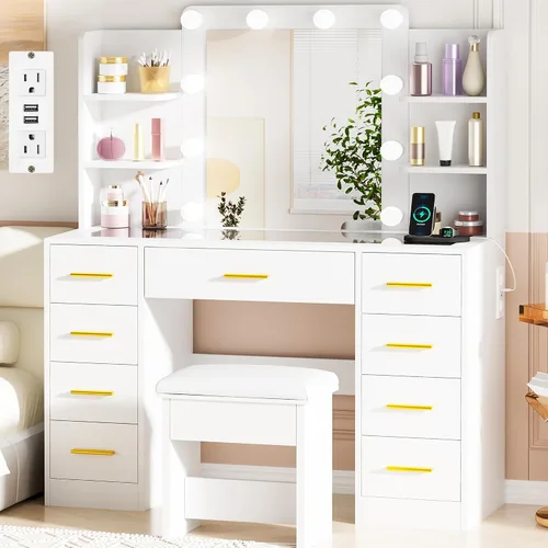 BEWISHOME - Tocador de maquillaje con espejo y luces, mesa de tocador blanca con superficie de vidrio, toma de corriente, taburete, tocador con 9