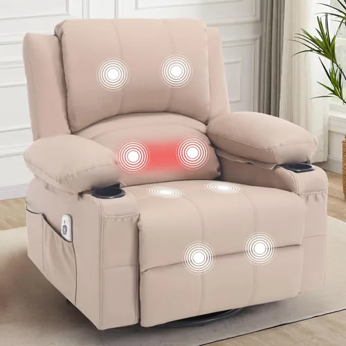 Mecedora reclinable giratoria de piel sintética con portavasos para calor y masaje, silla mecedora con relleno, silla reclinable con calefacción,