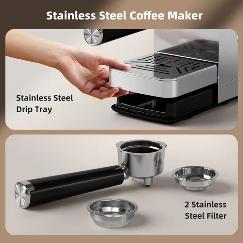 Miniatura 6 de Electactic 20 Bar Coffee Espresso Maker with Fast Cold Brew Function, Built-In Steam Wand, Smart Touch Panel, 37oz Tank for Cappuccino, Latte &