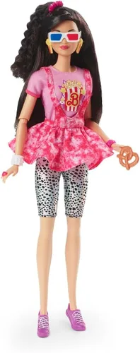 Barbie Muñeca Rewind y accesorios con cabello negro y traje de noche de cine inspirado en los años 80, coleccionable y exhibible