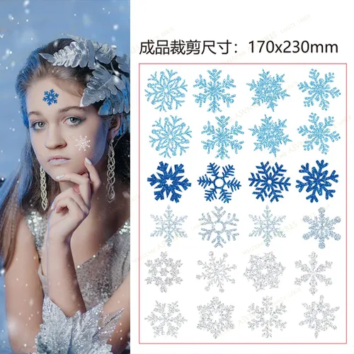 Miniatura 7 de Tatuajes temporales de copos de nieve con purpurina, 48 calcomanías de copo de nieve de invierno, accesorios de ropa lindos para cuerpo, cara