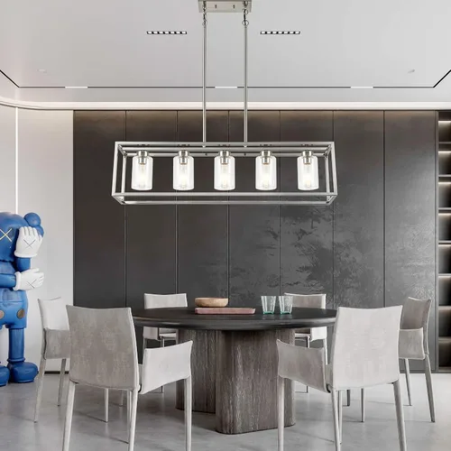 Miniatura 7 de XILICON - Lámpara colgante de comedor estilo granja de níquel cepillado, 5 luces, moderna, lámpara colgante contemporánea con pantalla de cristal