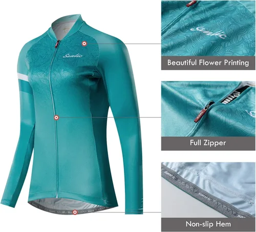Miniatura 4 de Santic Camiseta de ciclismo de manga larga para mujer, chaqueta de bicicleta con bolsillos