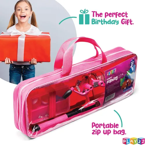 Miniatura 7 de Play22 Caña de pescar para niños, color rosa, 40 unidades, combos de caña de pescar y carrete, cañas de pesca para niños jóvenes, incluye aparejos