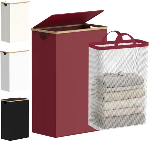 Miniatura 22 de efluky Cesta de lavandería con tapa y bolsa extraíble, cesta de lavandería de 100 litros de alto con asas de bambú, papelera estética para ropa Gris