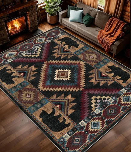 Miniatura 10 de Alfombra de pasillo de 2 x 6 pulgadas para interior - Alfombra de entrada rústica de cabaña con diseño de oso, antideslizante, de pelo bajo