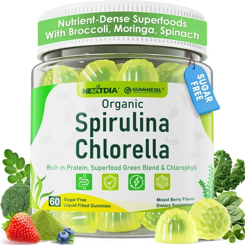Gomitas orgánicas de espirulina + clorella, altas en proteínas veganas, clorofila, algas verdes y azules densas en nutrientes + súper verdes,