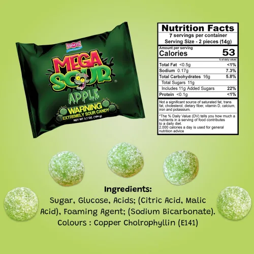 Miniatura 6 de Barnetts - Mega Sour Candy Apple 3.67 oz - Bolsas dulces de moda - Dulces tradicionalmente hechos a mano - Revestimiento agrio dura 20 segundos