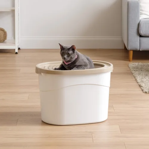 Miniatura 10 de Caja de arena para gatos IRIS USA, entrada grande en la parte superior con tapa para atrapar arena y cuchara, a prueba de perros, caja de arena