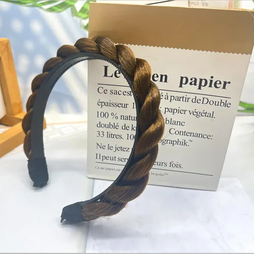 Miniatura 25 de Diadema de 4 hebras de cabello sintético trenzado, diadema trenzada con dientes, accesorio de belleza, diadema elástica para mujer (marrón oscuro)
