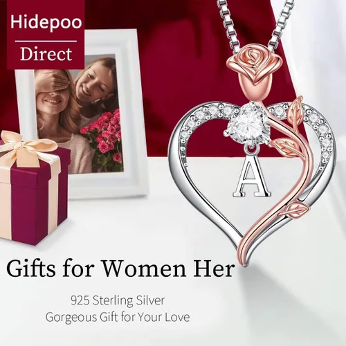 Miniatura 5 de Hidepoo Collares con inicial de corazón de rosa, regalos para mujer, plata de ley S925, collar con colgante de corazón, joyería para el día