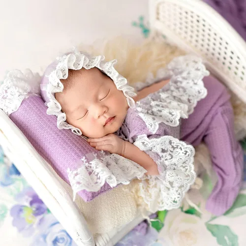 Miniatura 6 de Zeroest Conjunto de Accesorios para Fotografía de Recién Nacidos, Juego de Vestido de Encaje para Niña, Traje para Sesión de Fotos de Bebé Niña