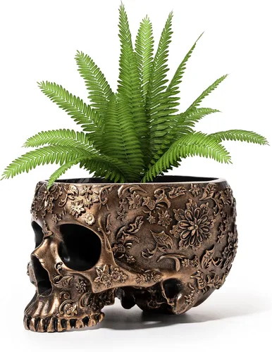 Miniatura 10 de Maceta de calavera negra de 6 pulgadas, maceta con cabeza de esqueleto para suculentas, flores y plato de tazón, decoración gótica para jardín