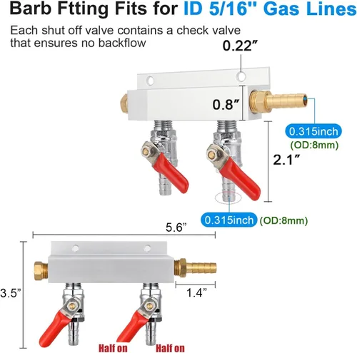 Miniatura 2 de Distribuidor de gas de CO2 de colector de gas, colector de CO2 de 2 vías, divisor de CO2 de barril de cerveza, distribuidor de aire de barril