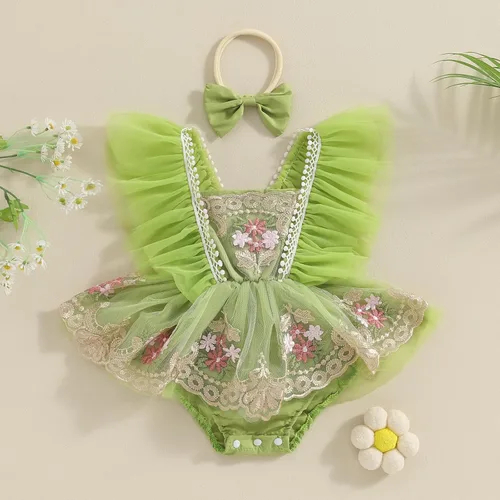 Miniatura 9 de Ursobutegl Mameluco de princesa para bebé recién nacida, vestido de malla bordado, elegante, tutú con falda, overol para cumpleaños