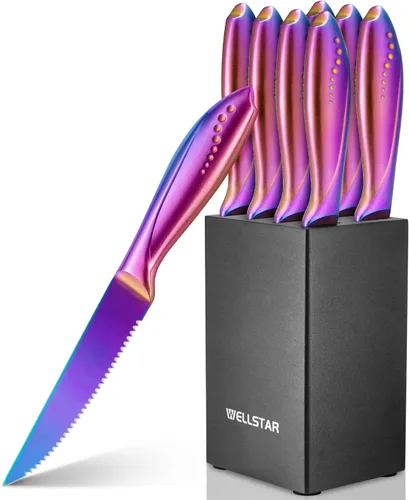 Miniatura 12 de WELLSTAR Juego de cuchillos arcoíris de 8 piezas, juego de cuchillos de cocina de acero inoxidable alemán iridescente con bloque de madera, Juego