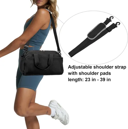 Miniatura 6 de Bolsa de gimnasio pequeña de 14 pulgadas para mujeres y hombres, mini bolsa de lona para viajes, deportes, bolsa de transporte ligera, color negro