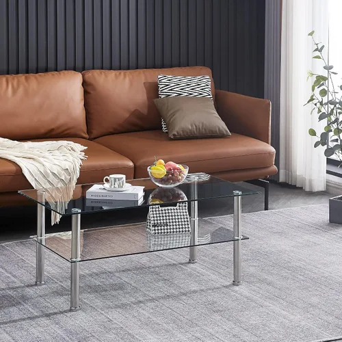 Miniatura 4 de Mesa de centro de cristal con patas de vidrio moderna pequeña mesa de centro para sala de estar (GC)