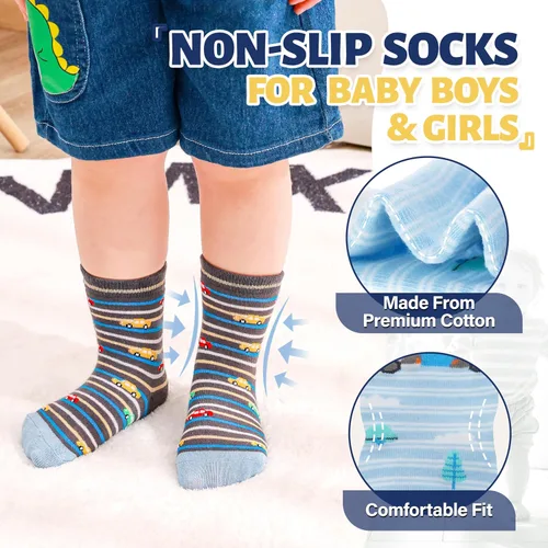 Miniatura 2 de ANTSANG - Calcetines antideslizantes para niños pequeños con agarre, para niños y niñas, diseños divertidos de autos y dinosaurios, 12 pares