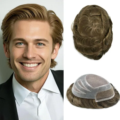 Miniatura 10 de Sistema de cabello frontal de encaje francés para hombres, tupé duradero para hombre, línea capilar natural, fino mono tupé para hombres, protesis