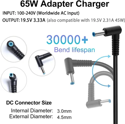Miniatura 2 de Cargador para portátil de 65 W compatible con HP Pavilion x360 14 15 17, Envy 13 15 X360, Elitebook 840 G5, ProBook Chromebook Stream Series