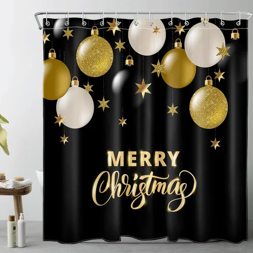 Miniatura 8 de LB Cortina de ducha de Feliz Navidad, bola de Navidad blanca y dorada sobre cortina de ducha negra para baño, 60 x 72 pulgadas, tela de poliéster