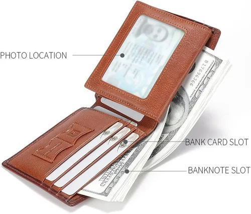 Miniatura 35 de Billetera de piel triple con bloqueo RFID para hombre con 2 ventanas de identificación, 2 compartimentos para efectivo, 6-8 ranuras para tarjetas