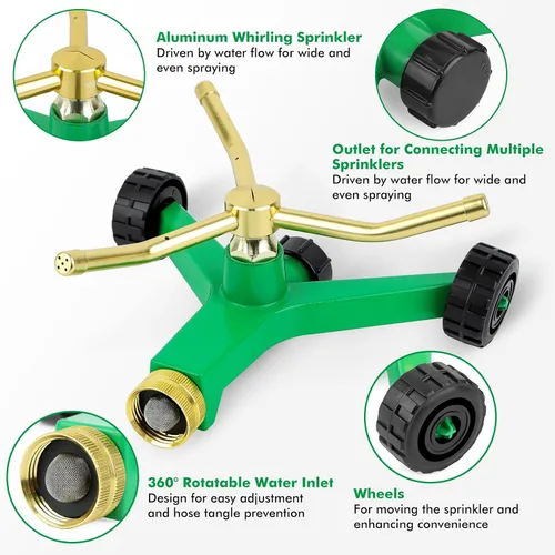 Miniatura 3 de RESTMO Aspersor de Metal de 3 Brazos con Base con Rueda, Sistema de Aspersor Rotatorio Automático de 360 Grados para Césped, Planta de Jardín