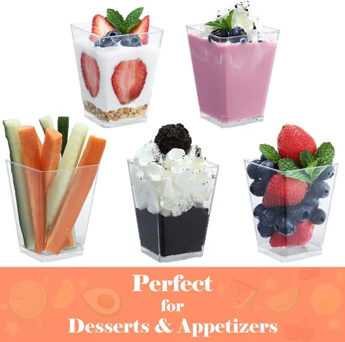Miniatura 4 de SHOPDAY Vasos de postre de plástico de 5 onzas, paquete de 50 tazas pequeñas de parfait cuadrado transparente con cucharas, mini vasos de plástico